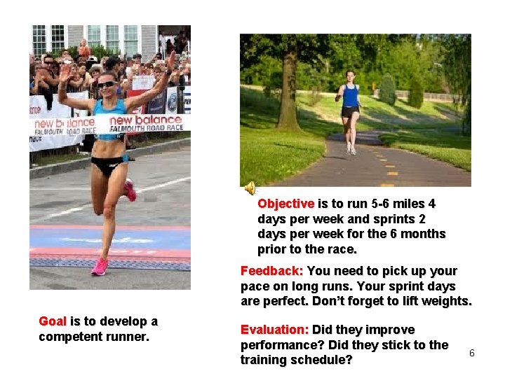 Objective is to run 5 -6 miles 4 days per week and sprints 2