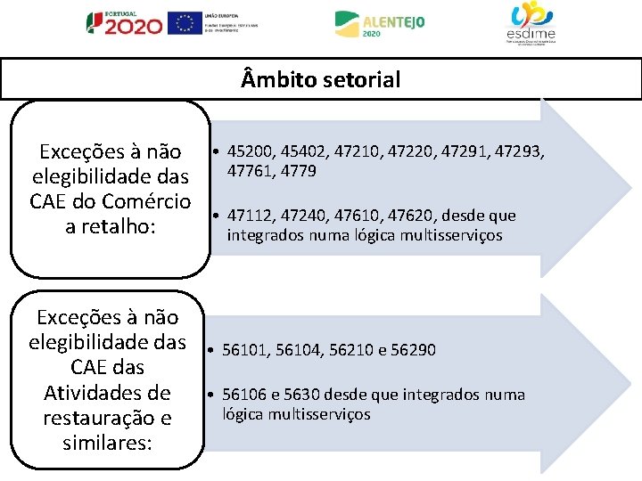  mbito setorial Exceções à não elegibilidade das CAE do Comércio a retalho: Exceções