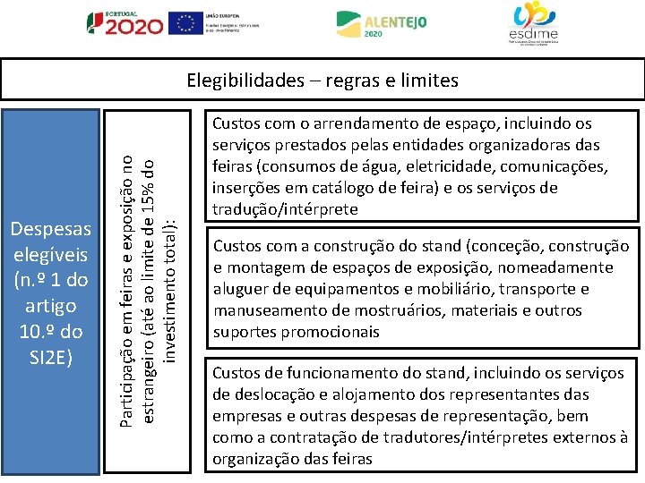 Despesas elegíveis (n. º 1 do artigo 10. º do SI 2 E) Participação