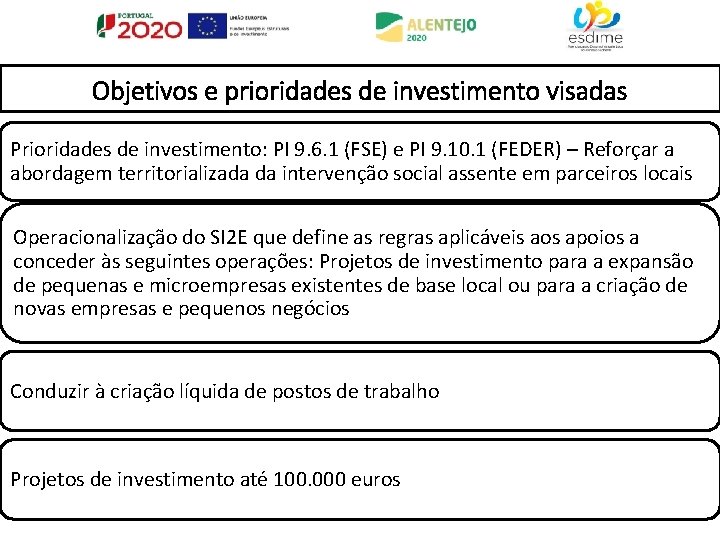 Objetivos e prioridades de investimento visadas Prioridades de investimento: PI 9. 6. 1 (FSE)