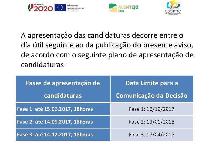 A apresentação das candidaturas decorre entre o dia útil seguinte ao da publicação do