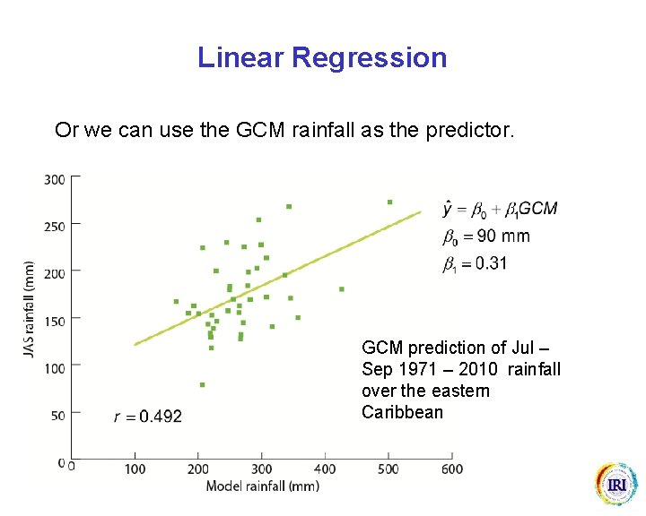 Linear Regression Or we can use the GCM rainfall as the predictor. GCM prediction Linear Regression Or we can use the GCM rainfall as the predictor. GCM prediction