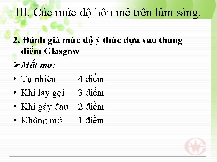 III. Các mức độ hôn mê trên lâm sàng. 2. Đánh giá mức độ