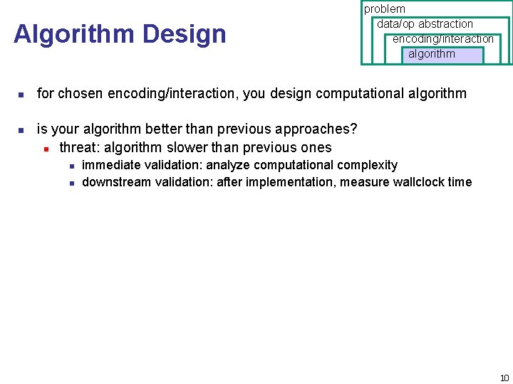 Algorithm Design n n problem data/op abstraction encoding/interaction algorithm for chosen encoding/interaction, you design
