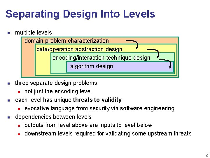 Separating Design Into Levels n n multiple levels domain problem characterization data/operation abstraction design