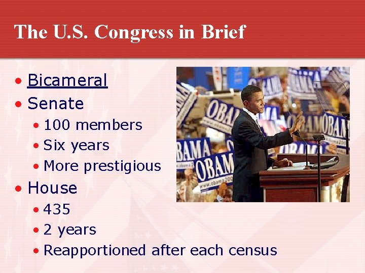 The U. S. Congress in Brief • Bicameral • Senate • 100 members •