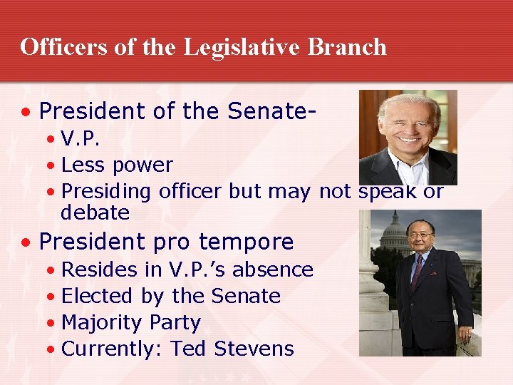 Officers of the Legislative Branch • President of the Senate • V. P. •