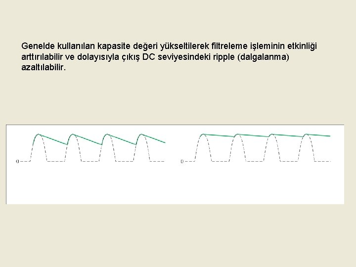 Genelde kullanılan kapasite değeri yükseltilerek filtreleme işleminin etkinliği arttırılabilir ve dolayısıyla çıkış DC seviyesindeki