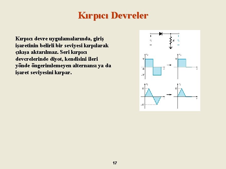 Kırpıcı Devreler Kırpıcı devre uygulamalarında, giriş işaretinin belirli bir seviyesi kırpılarak çıkışa aktarılmaz. Seri