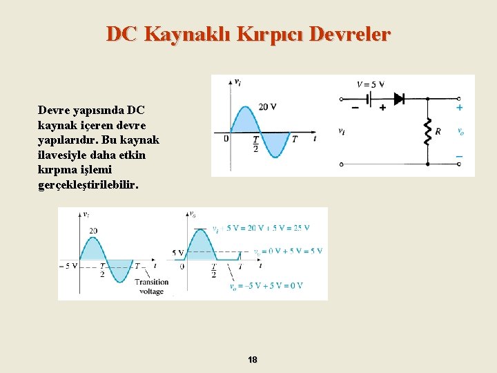 DC Kaynaklı Kırpıcı Devreler Devre yapısında DC kaynak içeren devre yapılarıdır. Bu kaynak ilavesiyle