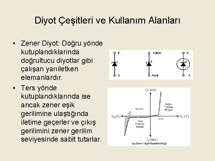 Diyot Çeşitleri ve Kullanım Alanları • Zener Diyot: Doğru yönde kutuplandıklarında doğrultucu diyotlar gibi