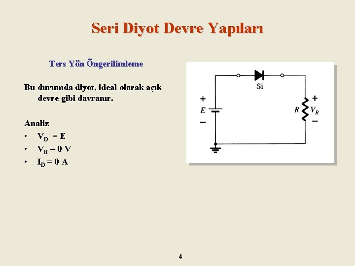 Seri Diyot Devre Yapıları Ters Yön Öngerilimleme Bu durumda diyot, ideal olarak açık devre