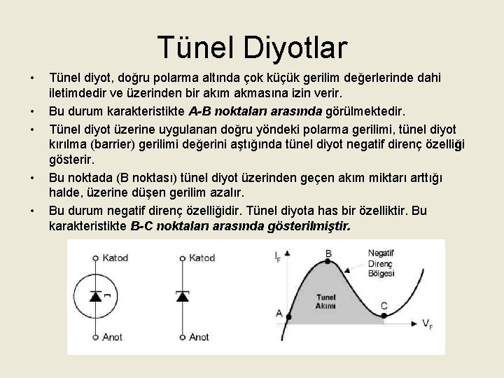 Tünel Diyotlar • • • Tünel diyot, doğru polarma altında çok küçük gerilim değerlerinde