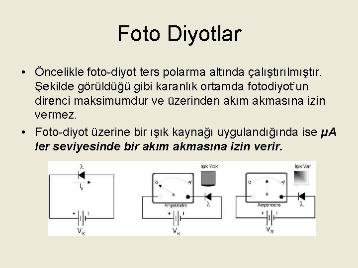 Foto Diyotlar • Öncelikle foto-diyot ters polarma altında çalıştırılmıştır. Şekilde görüldüğü gibi karanlık ortamda