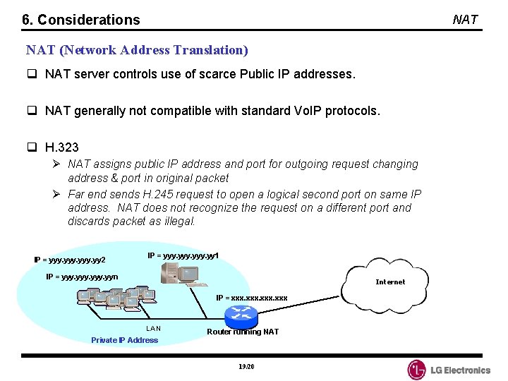 6. Considerations NAT (Network Address Translation) q NAT server controls use of scarce Public