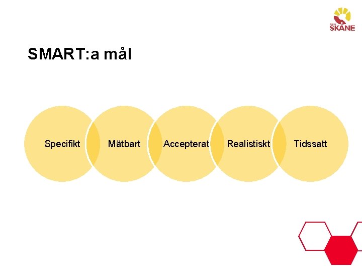 SMART: a mål Specifikt Mätbart Accepterat Realistiskt Tidssatt 