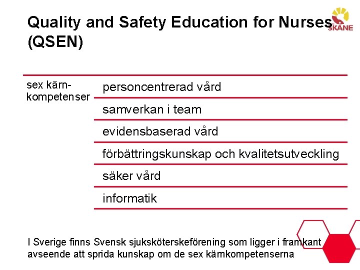 Quality and Safety Education for Nurses (QSEN) sex kärnkompetenser personcentrerad vård samverkan i team