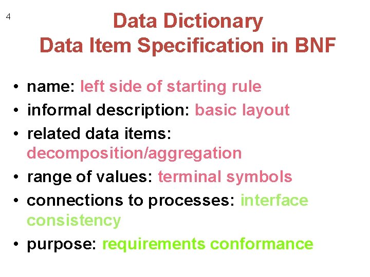 4 Data Dictionary Data Item Specification in BNF • name: left side of starting