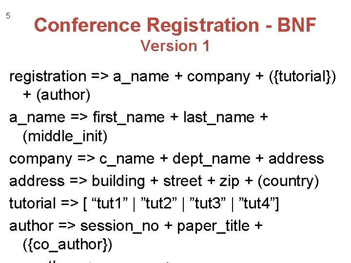 5 Conference Registration - BNF Version 1 registration => a_name + company + ({tutorial})