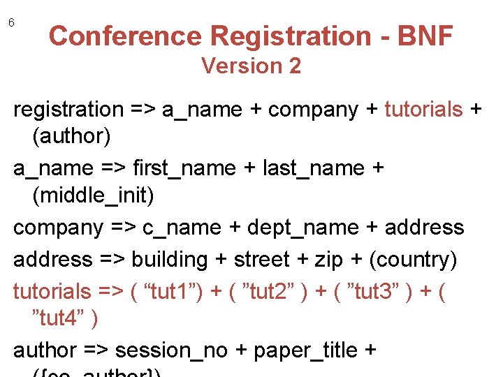 6 Conference Registration - BNF Version 2 registration => a_name + company + tutorials