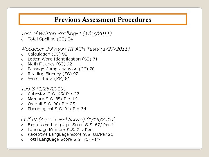 Previous Assessment Procedures Test of Written Spelling-4 (1/27/2011) o Total Spelling (SS) 84 Woodcock-Johnson-III