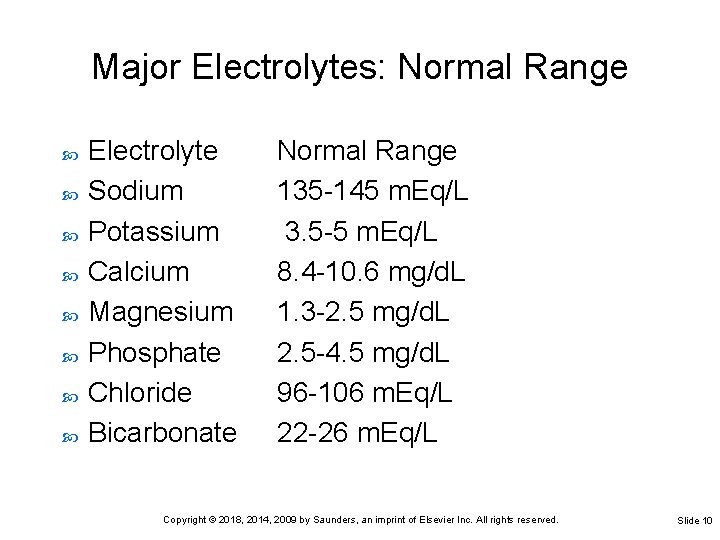 Major Electrolytes: Normal Range Electrolyte Sodium Potassium Calcium Magnesium Phosphate Chloride Bicarbonate Normal Range