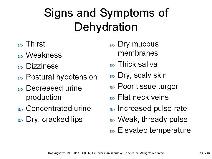 Signs and Symptoms of Dehydration Thirst Weakness Dizziness Postural hypotension Decreased urine production Concentrated