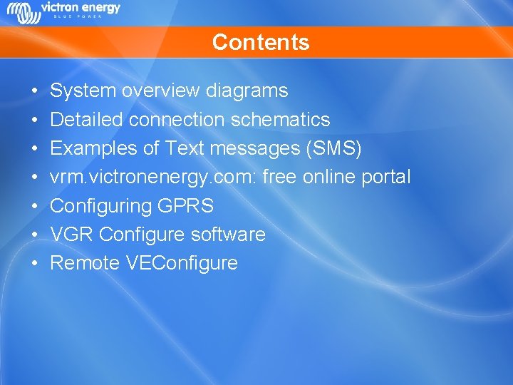 Contents • • System overview diagrams Detailed connection schematics Examples of Text messages (SMS)