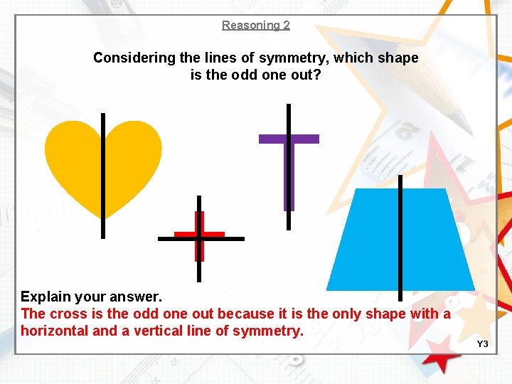 Reasoning 2 Considering the lines of symmetry, which shape is the odd one out?