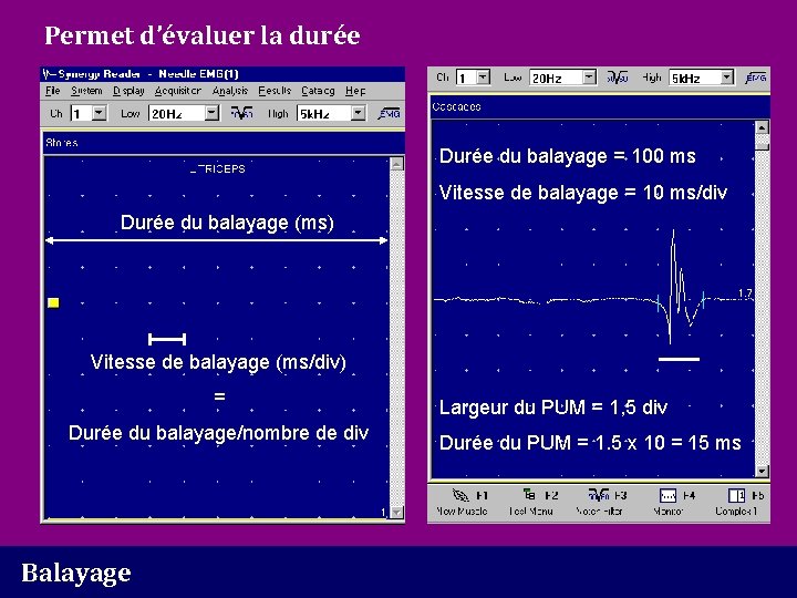 Permet d’évaluer la durée Durée du balayage = 100 ms Vitesse de balayage =