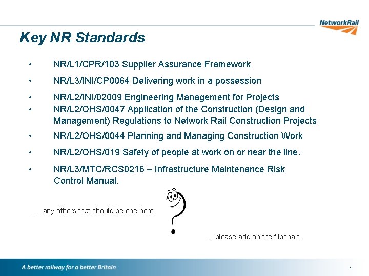 Key NR Standards • NR/L 1/CPR/103 Supplier Assurance Framework • NR/L 3/INI/CP 0064 Delivering