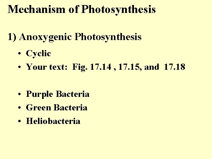 Mechanism of Photosynthesis 1) Anoxygenic Photosynthesis • Cyclic • Your text: Fig. 17. 14