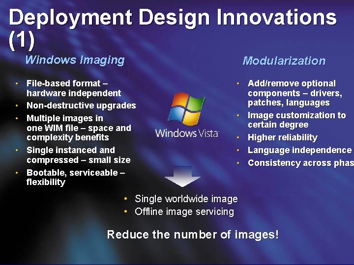 Deployment Design Innovations (1) Windows Imaging • File-based format – hardware independent • Non-destructive