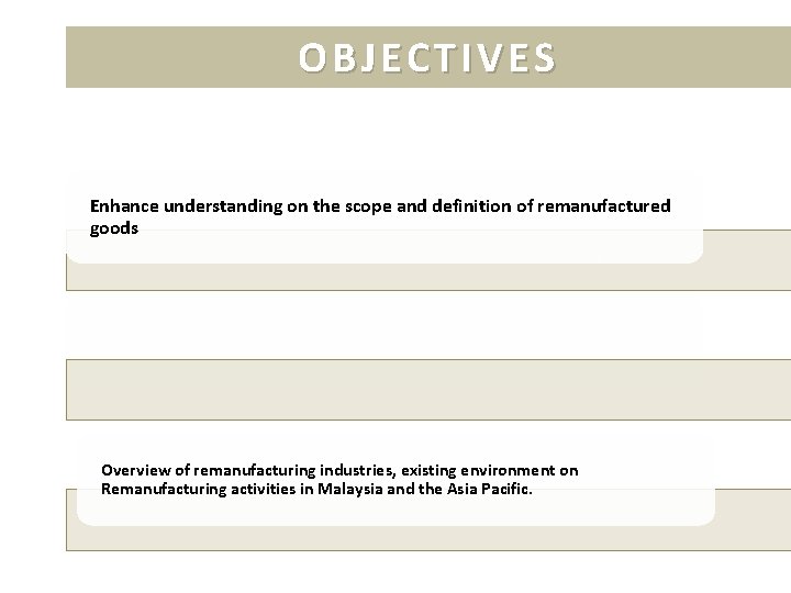 OBJECTIVES Enhance understanding on the scope and definition of remanufactured goods Overview of remanufacturing