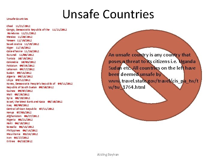 Unsafe Countries Chad 11/21/2012 Congo, Democratic Republic of the 11/21/2012 Honduras 11/21/2012 Mexico 11/20/2012