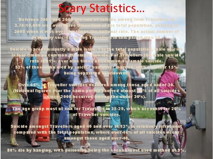 Scary Statistics… Between 2000 and 2006 the rate of suicide among Irish Travellers at