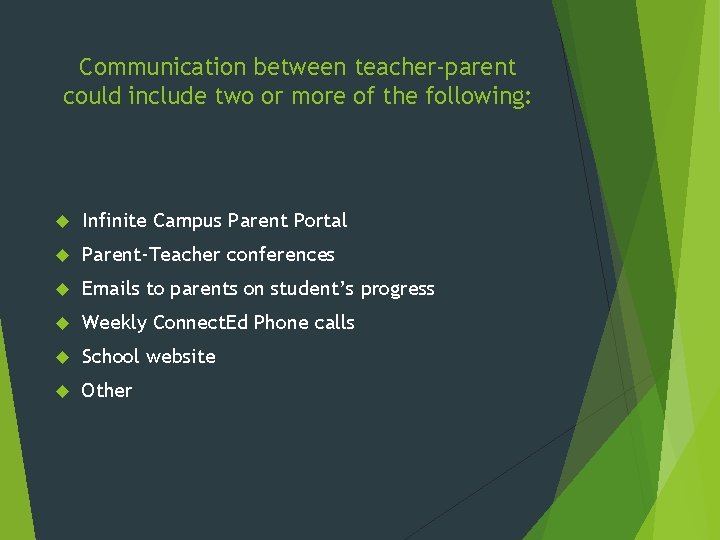 Communication between teacher-parent could include two or more of the following: Infinite Campus Parent