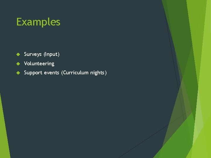Examples Surveys (Input) Volunteering Support events (Curriculum nights) Examples Surveys (Input) Volunteering Support events (Curriculum nights)