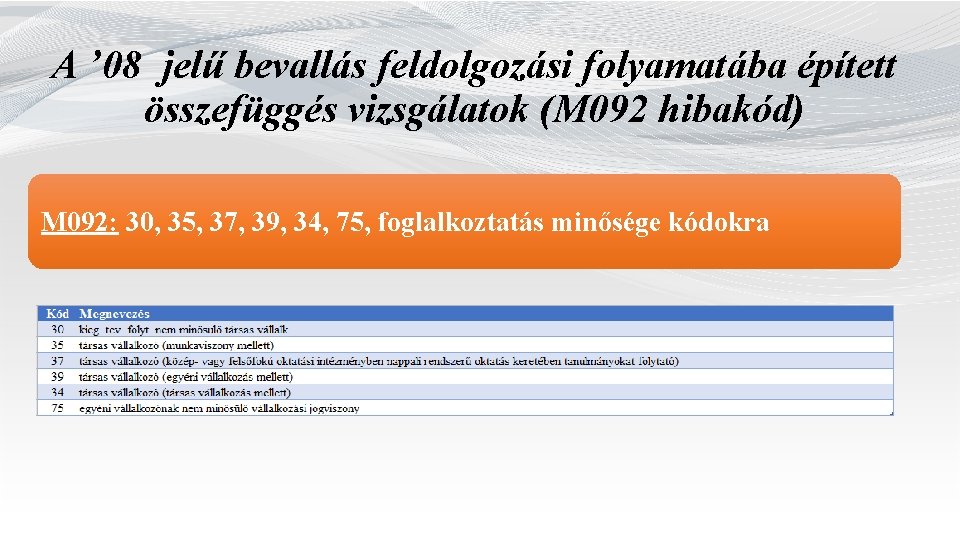 A ’ 08 jelű bevallás feldolgozási folyamatába épített összefüggés vizsgálatok (M 092 hibakód) M