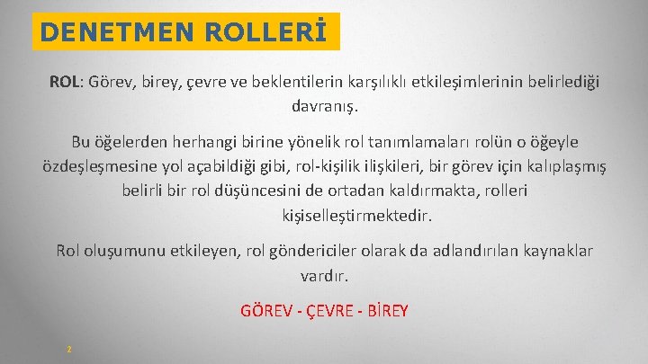 DENETMEN ROLLERİ ROL: Görev, birey, çevre ve beklentilerin karşılıklı etkileşimlerinin belirlediği davranış. Bu öğelerden