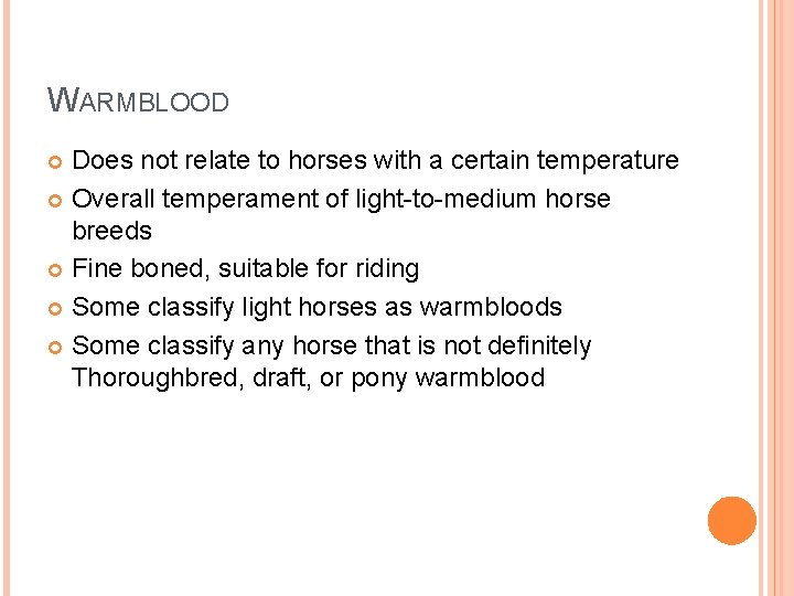WARMBLOOD Does not relate to horses with a certain temperature Overall temperament of light-to-medium