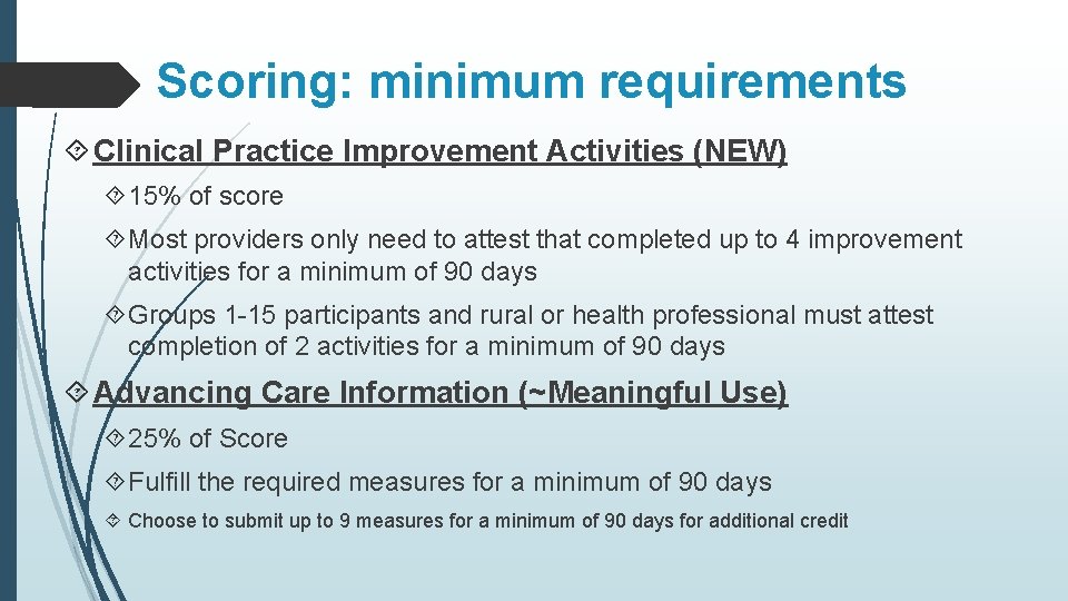 Scoring: minimum requirements Clinical Practice Improvement Activities (NEW) 15% of score Most providers only