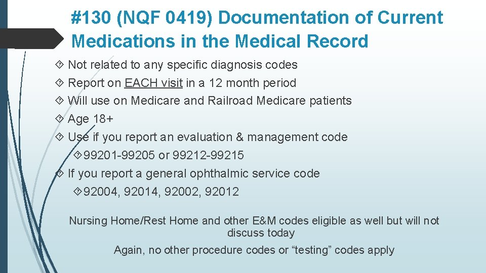 #130 (NQF 0419) Documentation of Current Medications in the Medical Record Not related to