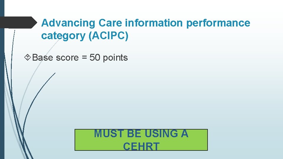 Advancing Care information performance category (ACIPC) Base score = 50 points MUST BE USING