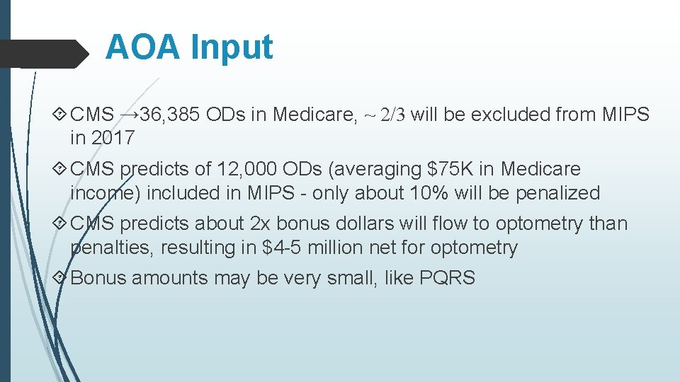 AOA Input CMS → 36, 385 ODs in Medicare, ~ 2/3 will be excluded
