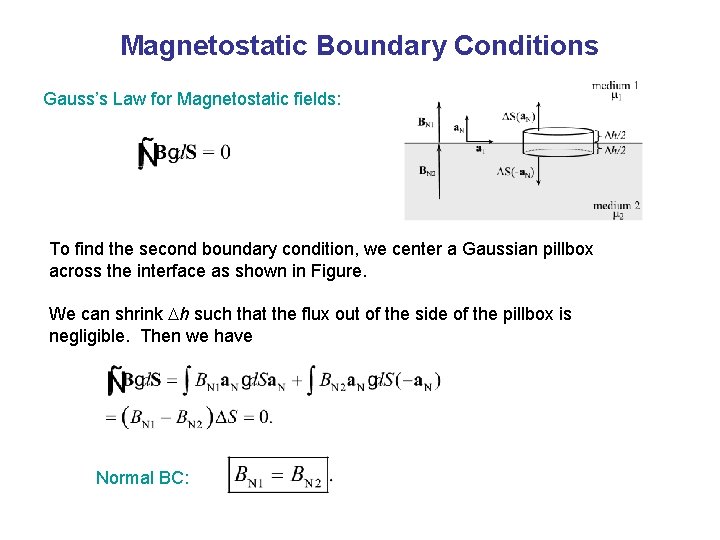 Magnetostatic Boundary Conditions Gauss’s Law for Magnetostatic fields: To find the second boundary condition,