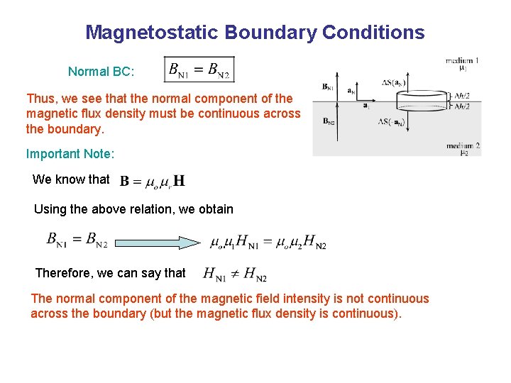 Magnetostatic Boundary Conditions Normal BC: Thus, we see that the normal component of the