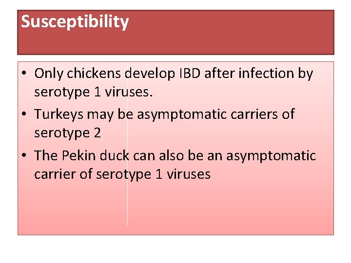 Susceptibility • Only chickens develop IBD after infection by serotype 1 viruses. • Turkeys