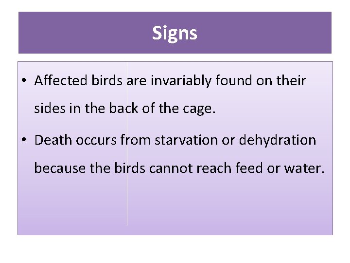 Signs • Affected birds are invariably found on their sides in the back of