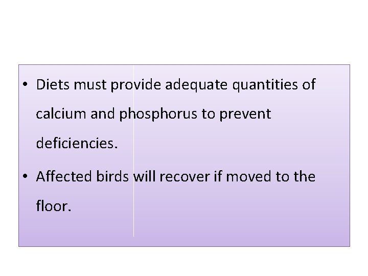  • Diets must provide adequate quantities of calcium and phosphorus to prevent deficiencies.